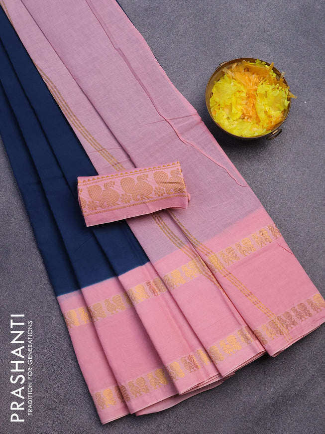 Sungudi cotton saree dark peacock blue and baby pink with plain body and long rettapet zari woven border with separate blouse