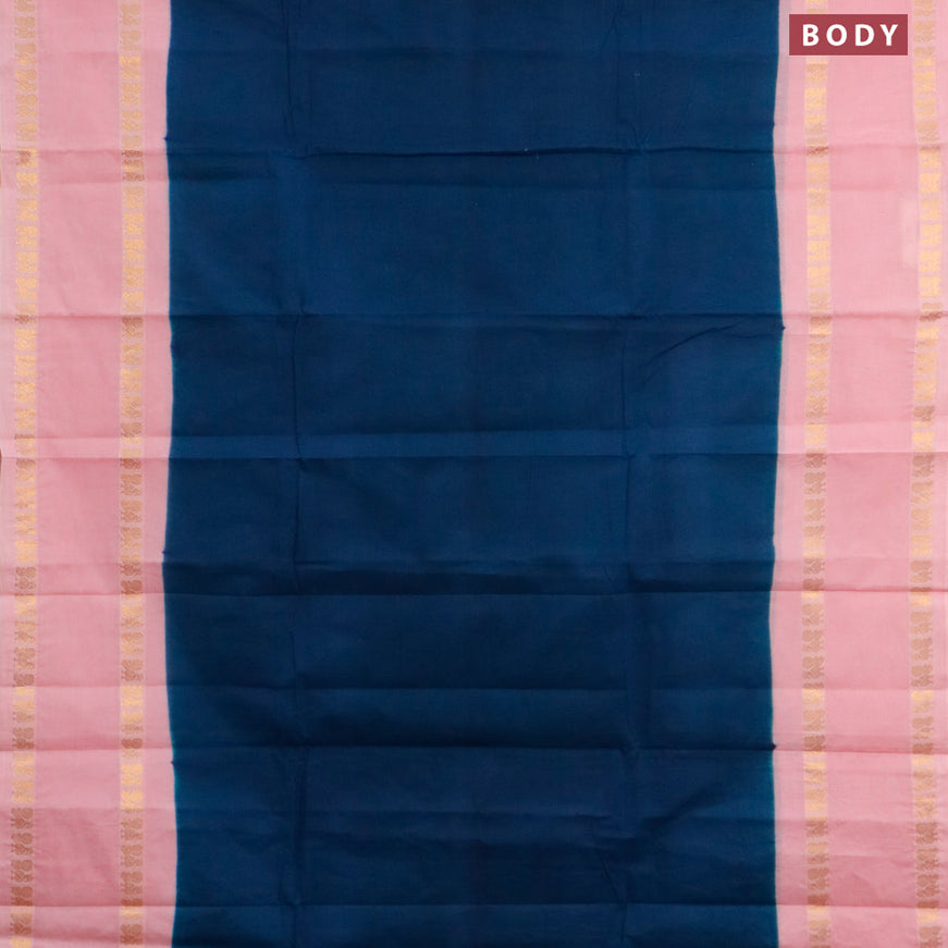 Sungudi cotton saree dark peacock blue and baby pink with plain body and long rettapet zari woven border with separate blouse