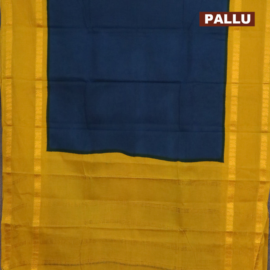 Sungudi cotton saree dark peacock blue and mustard yellow with plain body and long rettapet zari woven border with separate blouse