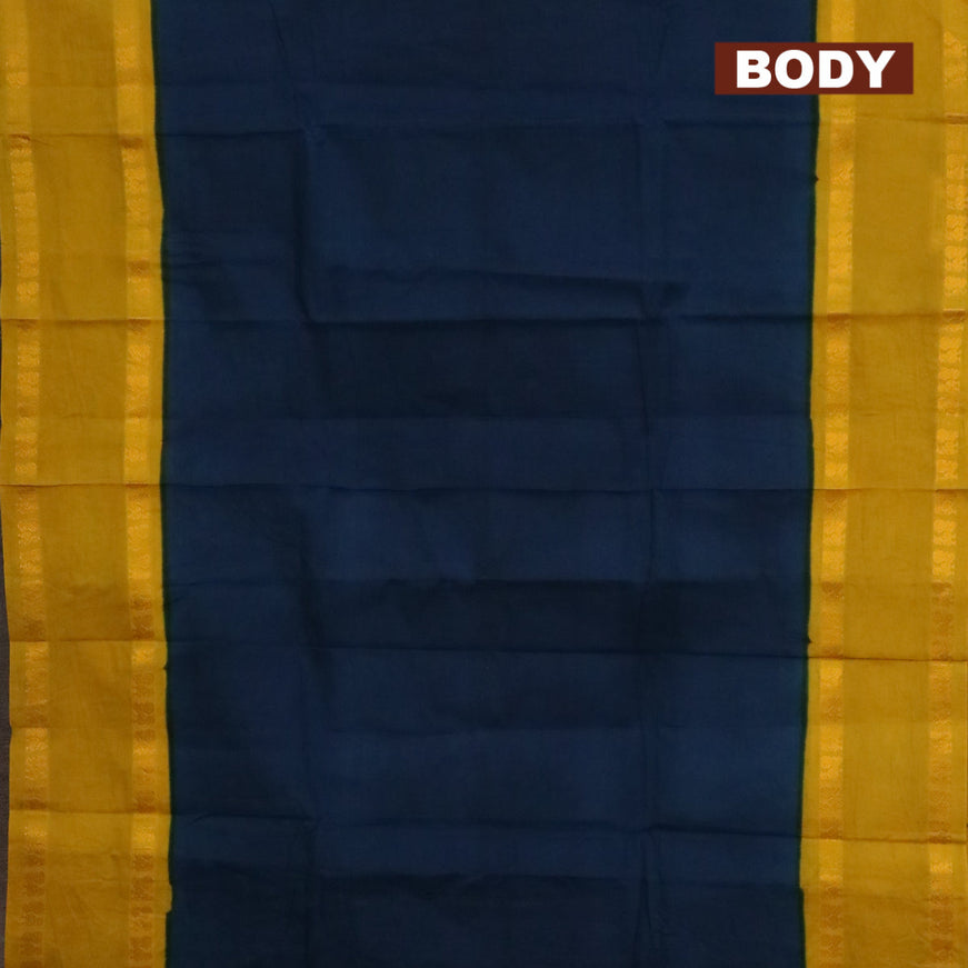 Sungudi cotton saree dark peacock blue and mustard yellow with plain body and long rettapet zari woven border with separate blouse
