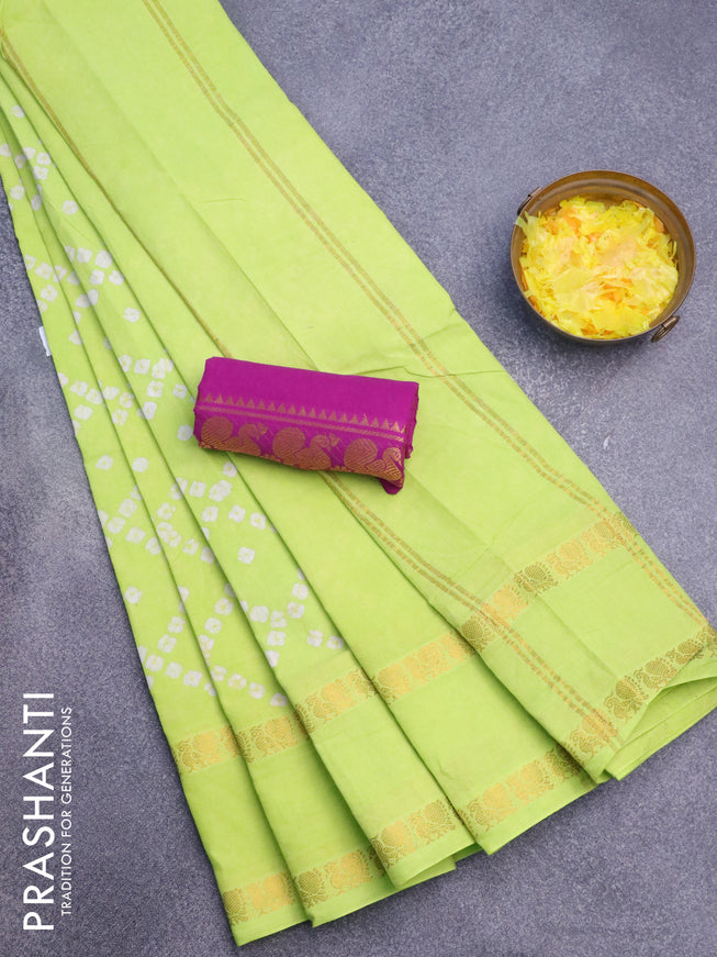 Sungudi cotton saree fluorescent green and purple with allover batik prints and rettapet zari woven border with separate blouse