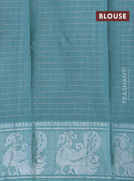 Sungudi cotton saree pastel peach shade and pastel green with allover silver zari checked pattern and temple design silver zari woven border with separate blouse