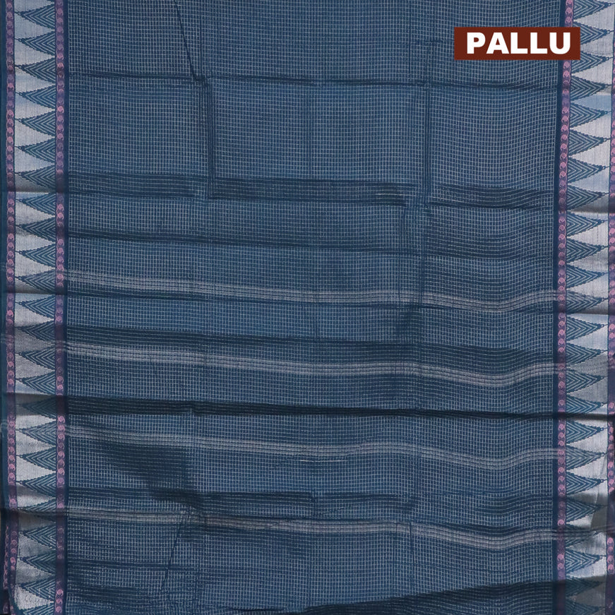 Sungudi cotton saree dark peacock blue and pista green with allover silver zari checked pattern and temple design silver zari woven border with separate blouse