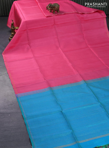 Pure soft silk saree pink and dual shade of teal blue with plain body and small zari woven border