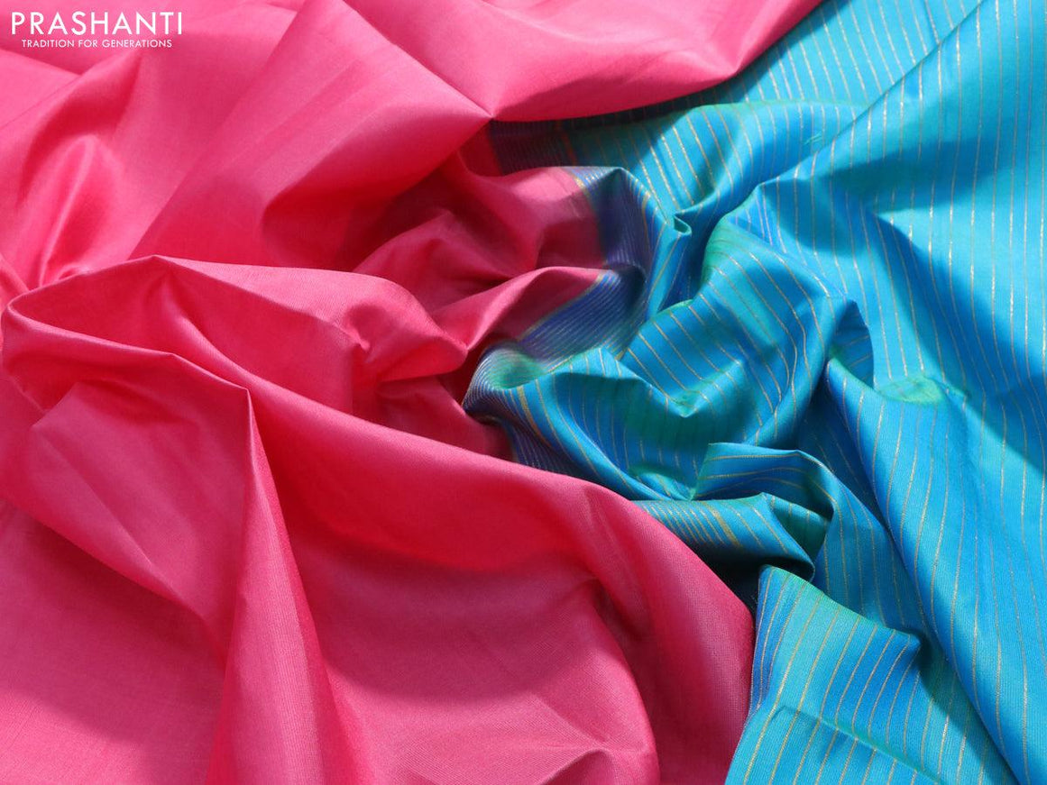 Pure soft silk saree pink and dual shade of teal blue with plain body and small zari woven border