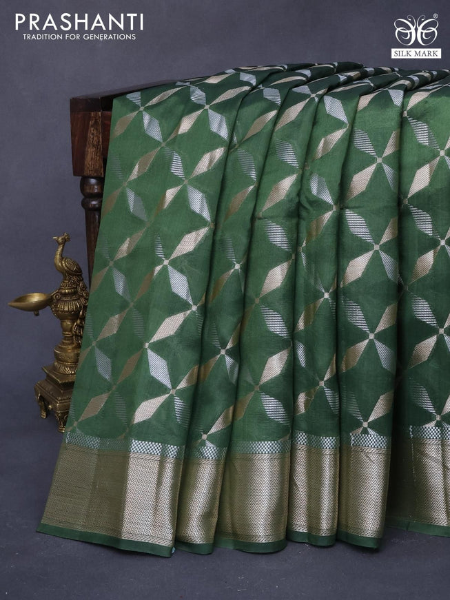 Chiniya silk saree green with allover silver & gold geometric weaves and zari woven border