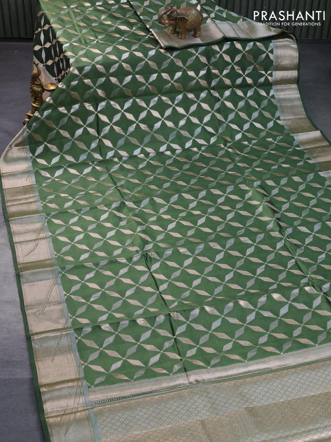 Chiniya silk saree green with allover silver & gold geometric weaves and zari woven border