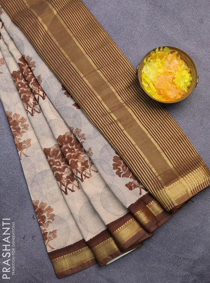 Malai silk saree beige and brown with allover prints and zari woven border