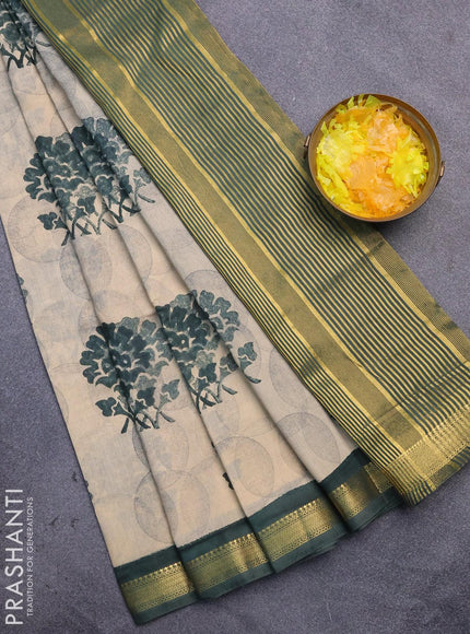 Malai silk saree beige and green with allover prints and zari woven border