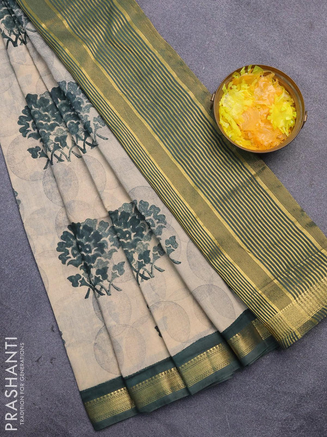 Malai silk saree beige and green with allover prints and zari woven border