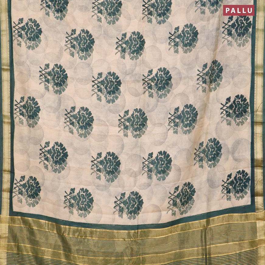 Malai silk saree beige and green with allover prints and zari woven border