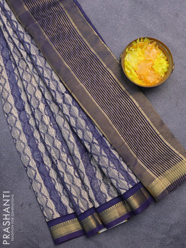 Malai silk saree cream and blue with allover prints and zari woven border