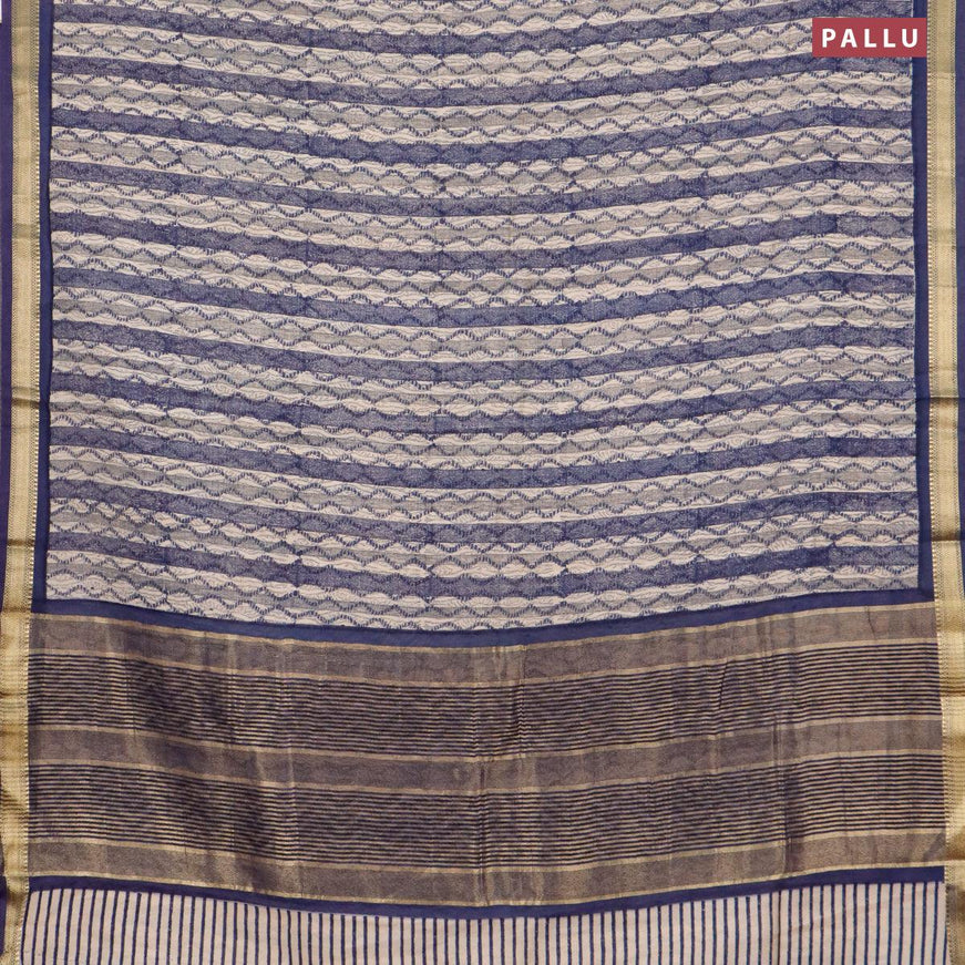 Malai silk saree cream and blue with allover prints and zari woven border