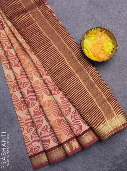 Malai silk saree beige rust shade and maroon with allover zig zag prints and zari woven border