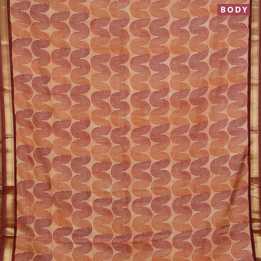 Malai silk saree beige rust shade and maroon with allover zig zag prints and zari woven border