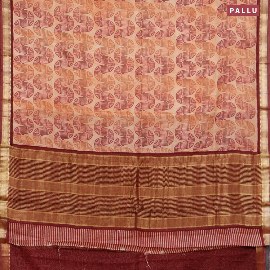 Malai silk saree beige rust shade and maroon with allover zig zag prints and zari woven border