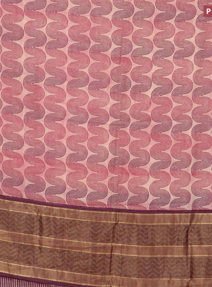 Malai silk saree beige magenta pink and wine shade with allover zig zag prints and zari woven border