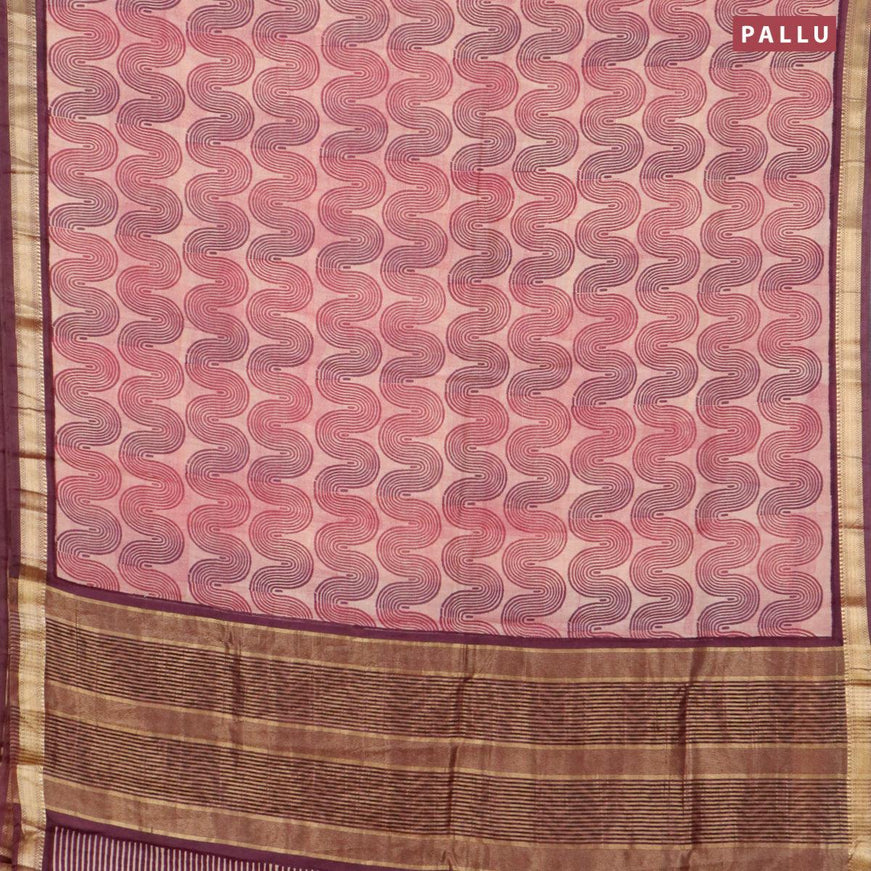 Malai silk saree beige magenta pink and wine shade with allover zig zag prints and zari woven border