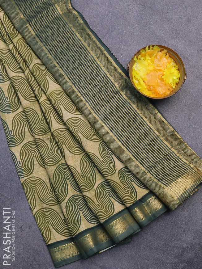 Malai silk saree beige mehendi green and green shade with allover zig zag prints and zari woven border