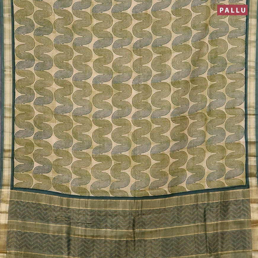 Malai silk saree beige mehendi green and green shade with allover zig zag prints and zari woven border