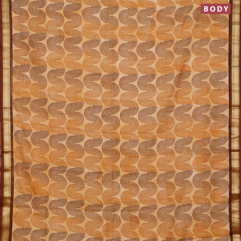 Malai silk saree mustard shade and brown with allover zig zag prints and zari woven border