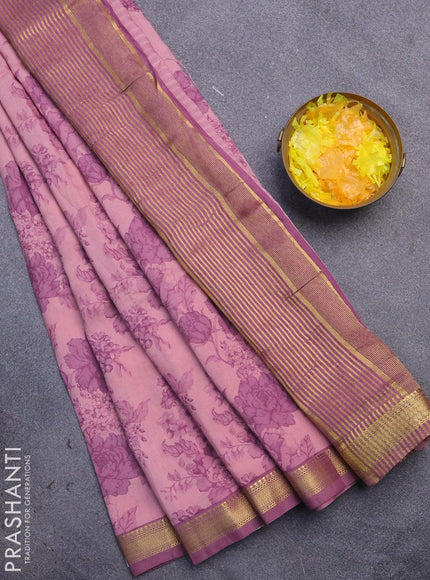 Malai silk saree pastel pink and mauve pink with allover floral prints and zari woven border