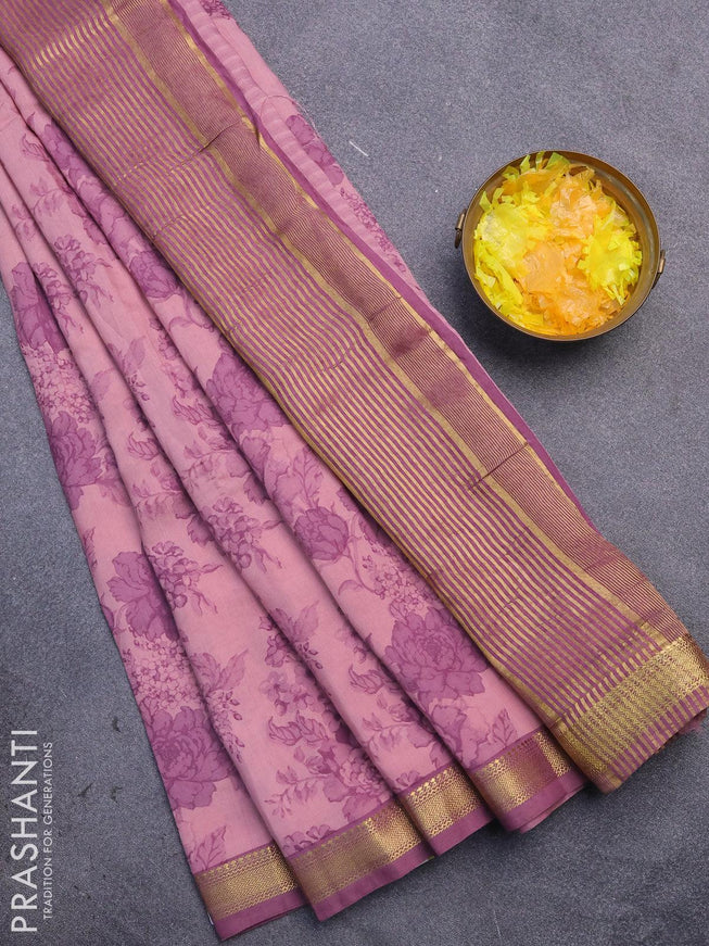 Malai silk saree pastel pink and mauve pink with allover floral prints and zari woven border