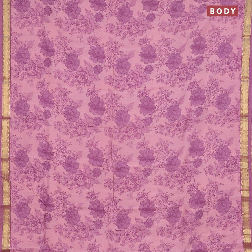 Malai silk saree pastel pink and mauve pink with allover floral prints and zari woven border