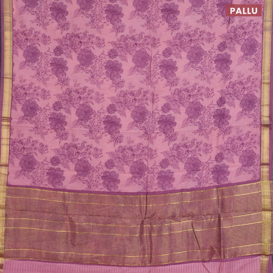 Malai silk saree pastel pink and mauve pink with allover floral prints and zari woven border