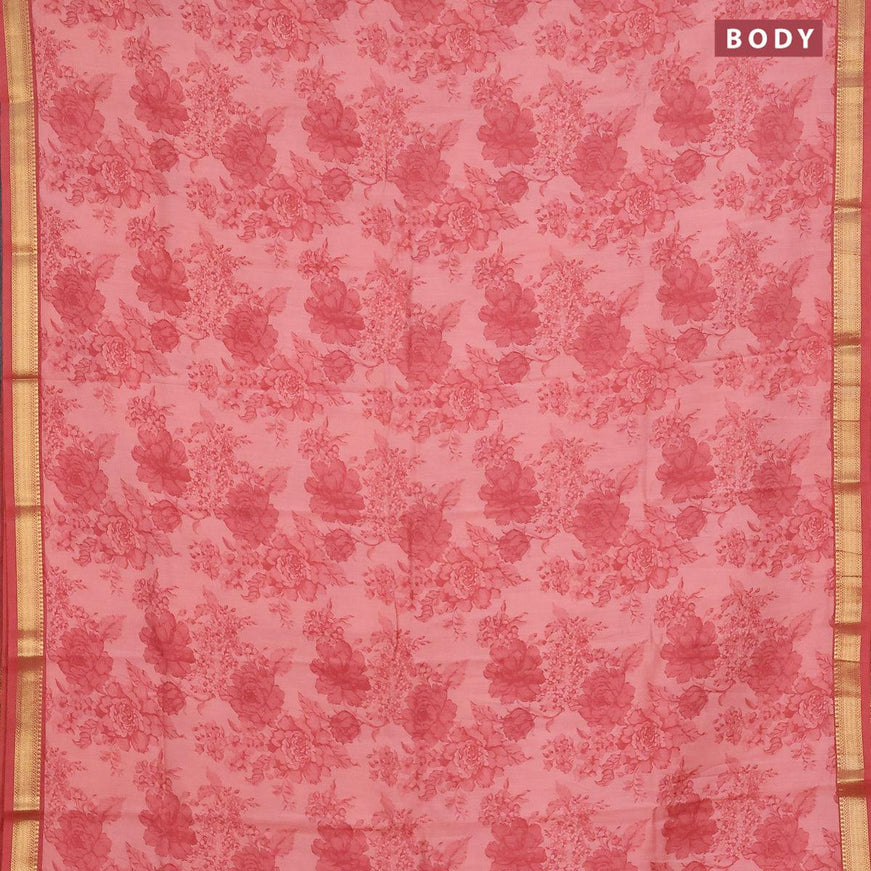 Malai silk saree peach shade with allover floral prints and zari woven border