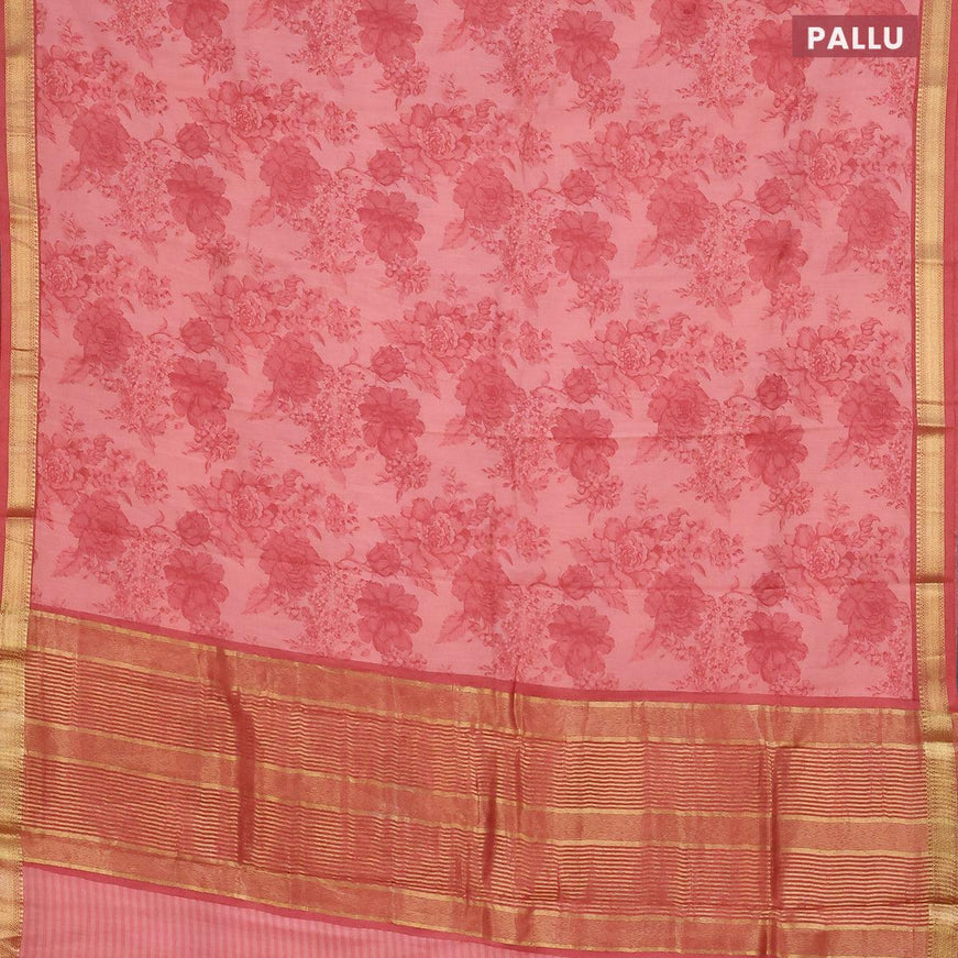 Malai silk saree peach shade with allover floral prints and zari woven border