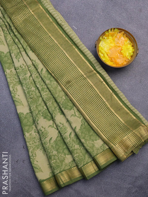 Malai silk saree elaichi green and green with allover floral prints and zari woven border