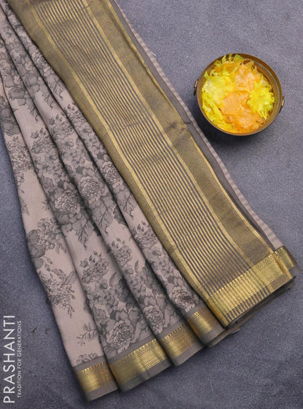 Malai silk saree beige and grey with allover floral prints and zari woven border