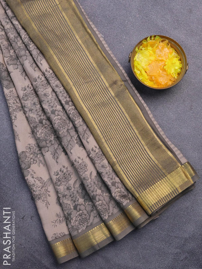 Malai silk saree beige and grey with allover floral prints and zari woven border