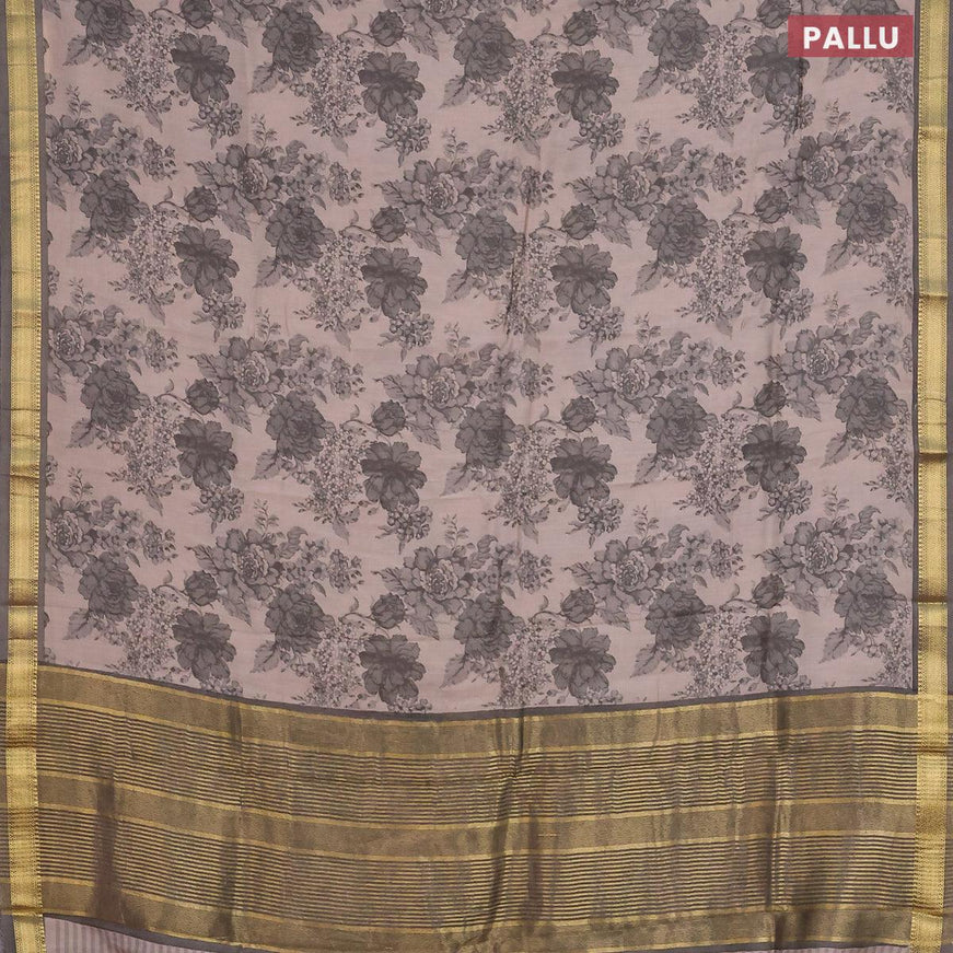 Malai silk saree beige and grey with allover floral prints and zari woven border