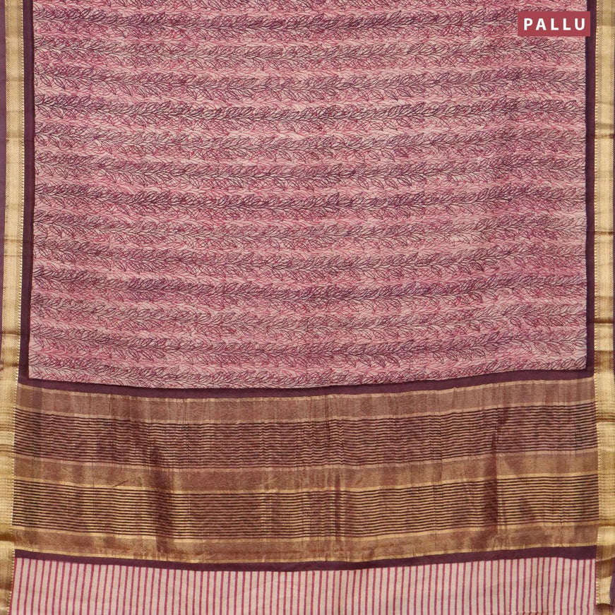 Malai silk saree pink shasde and wine shade with allover prints and zari woven border