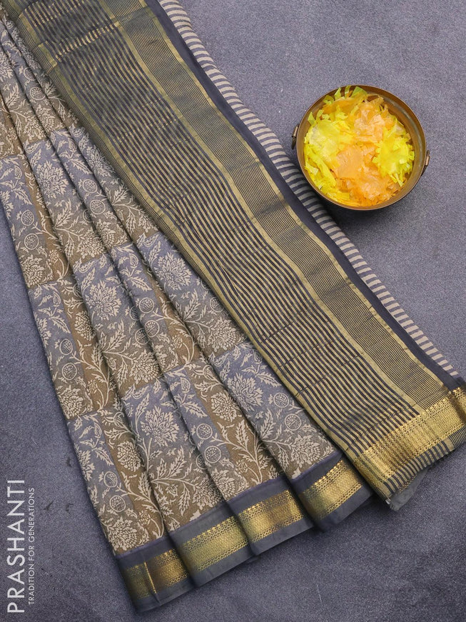 Malai silk saree mehendi green and grey with allover floral prints and zari woven border