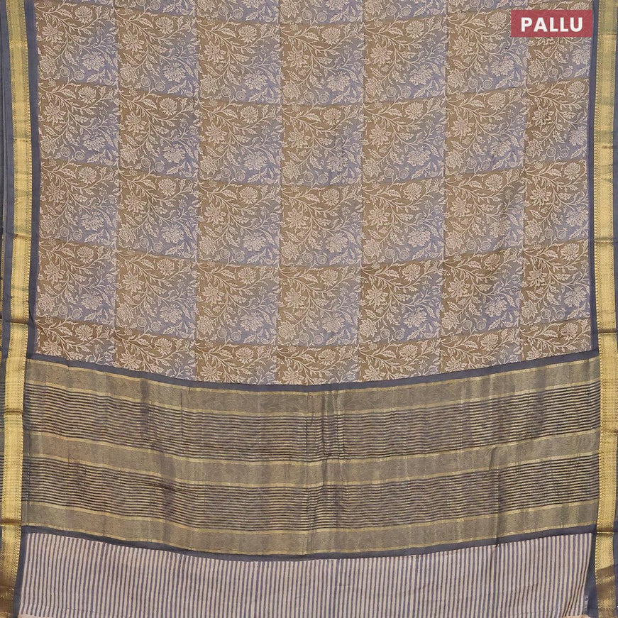 Malai silk saree mehendi green and grey with allover floral prints and zari woven border