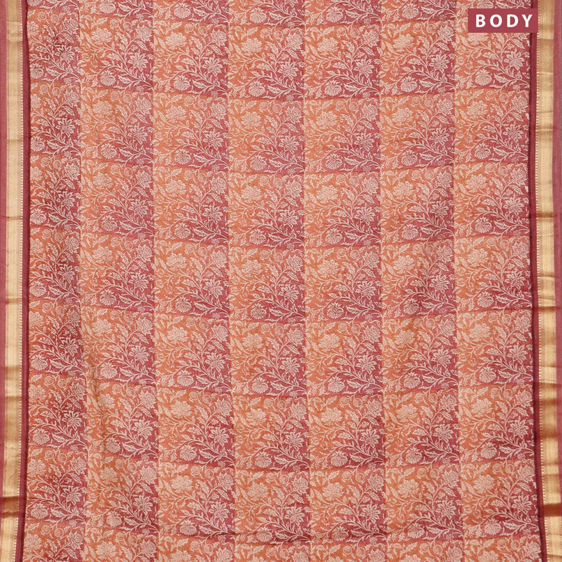 Malai silk saree rust shade and pastel maroon with allover floral prints and zari woven border