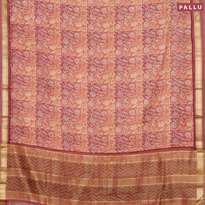 Malai silk saree rust shade and pastel maroon with allover floral prints and zari woven border