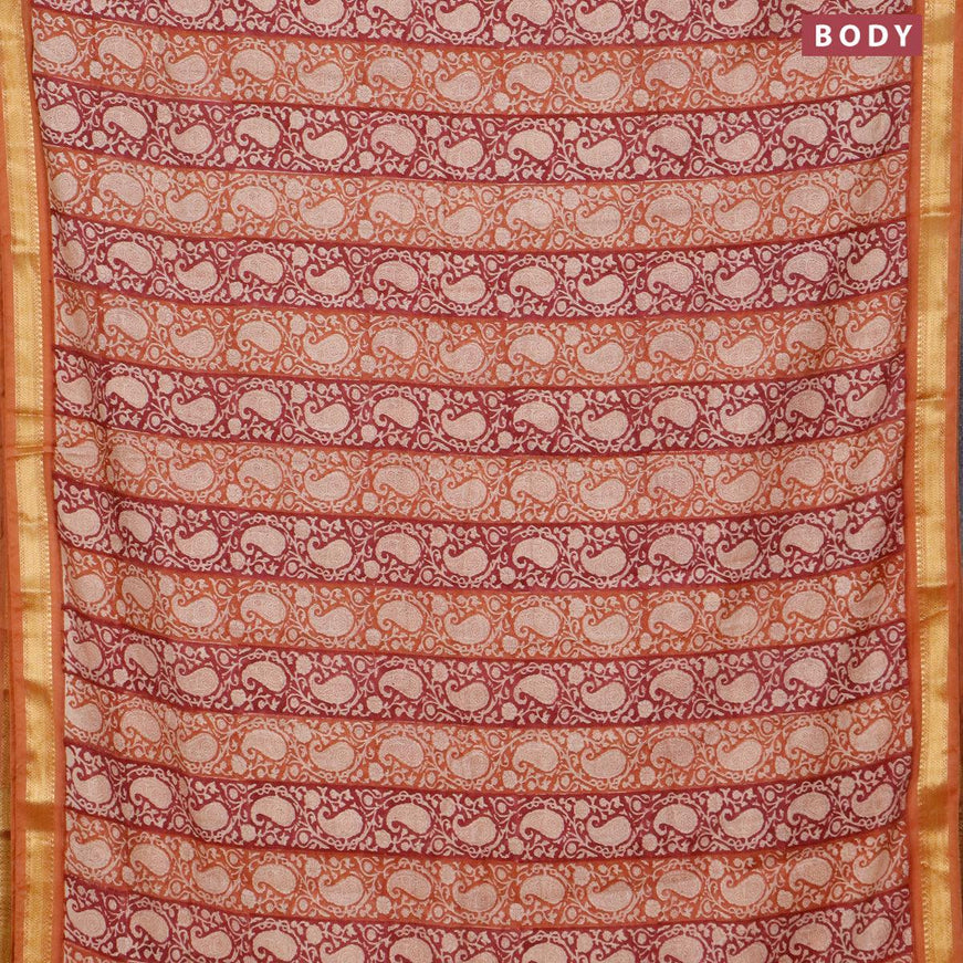 Malai silk saree dark pink and rust shade with allover paisley prints and zari woven border