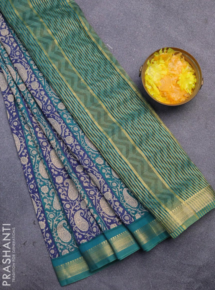 Malai silk saree blue and teal green with allover paisley prints and zari woven border