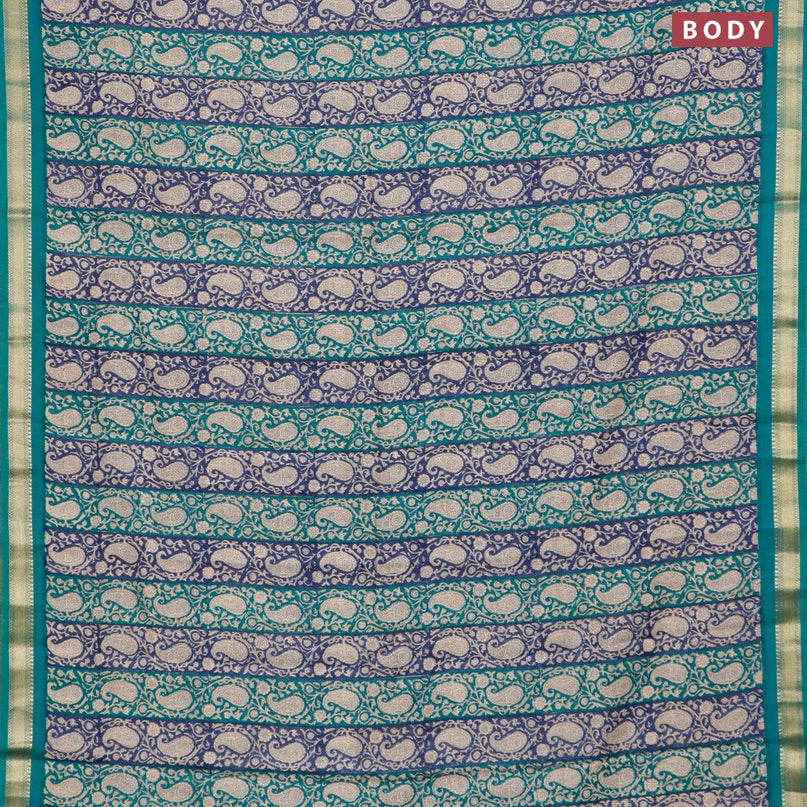 Malai silk saree blue and teal green with allover paisley prints and zari woven border