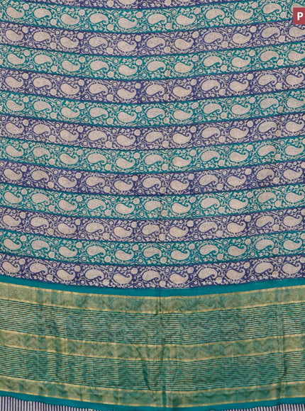 Malai silk saree blue and teal green with allover paisley prints and zari woven border