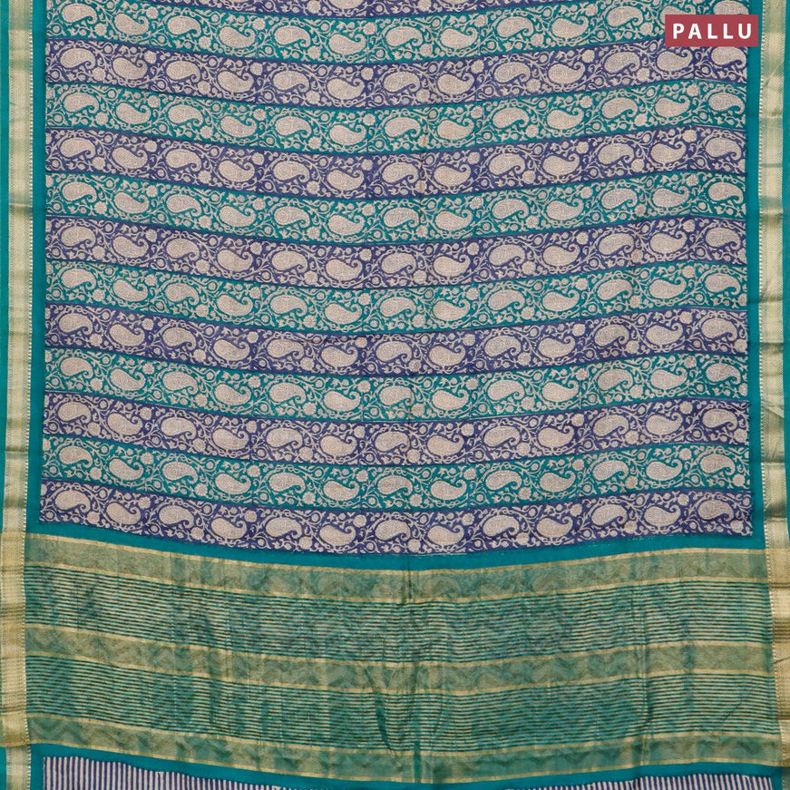 Malai silk saree blue and teal green with allover paisley prints and zari woven border