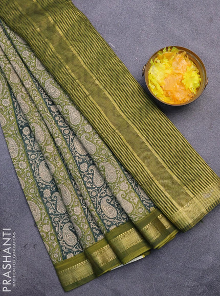 Malai silk saree dark green and mehendi green with allover paisley prints and zari woven border