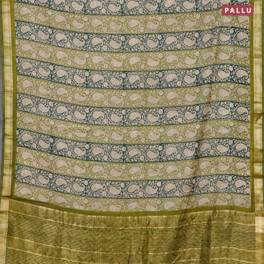 Malai silk saree dark green and mehendi green with allover paisley prints and zari woven border