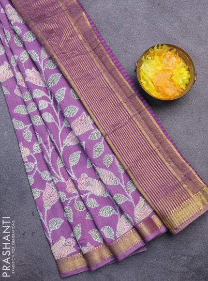 Malai silk saree lavender shade with allover prints and zari woven border