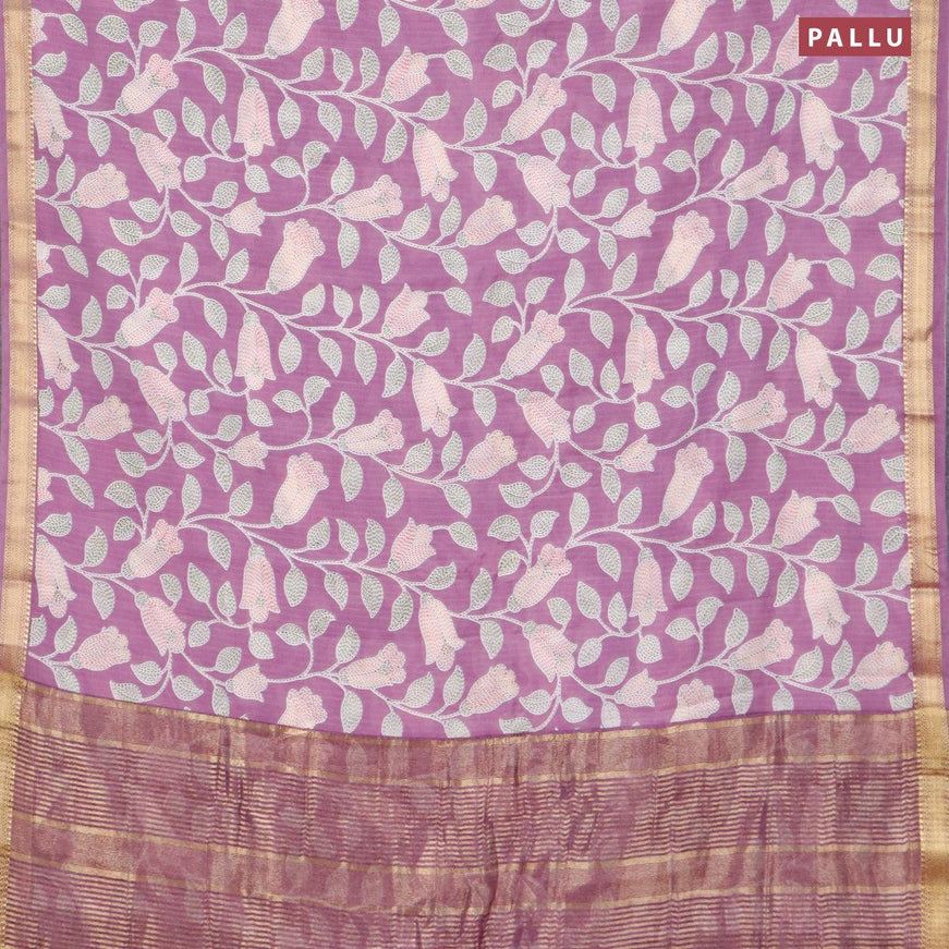 Malai silk saree lavender shade with allover prints and zari woven border