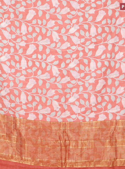 Malai silk saree peach shade with allover prints and zari woven border